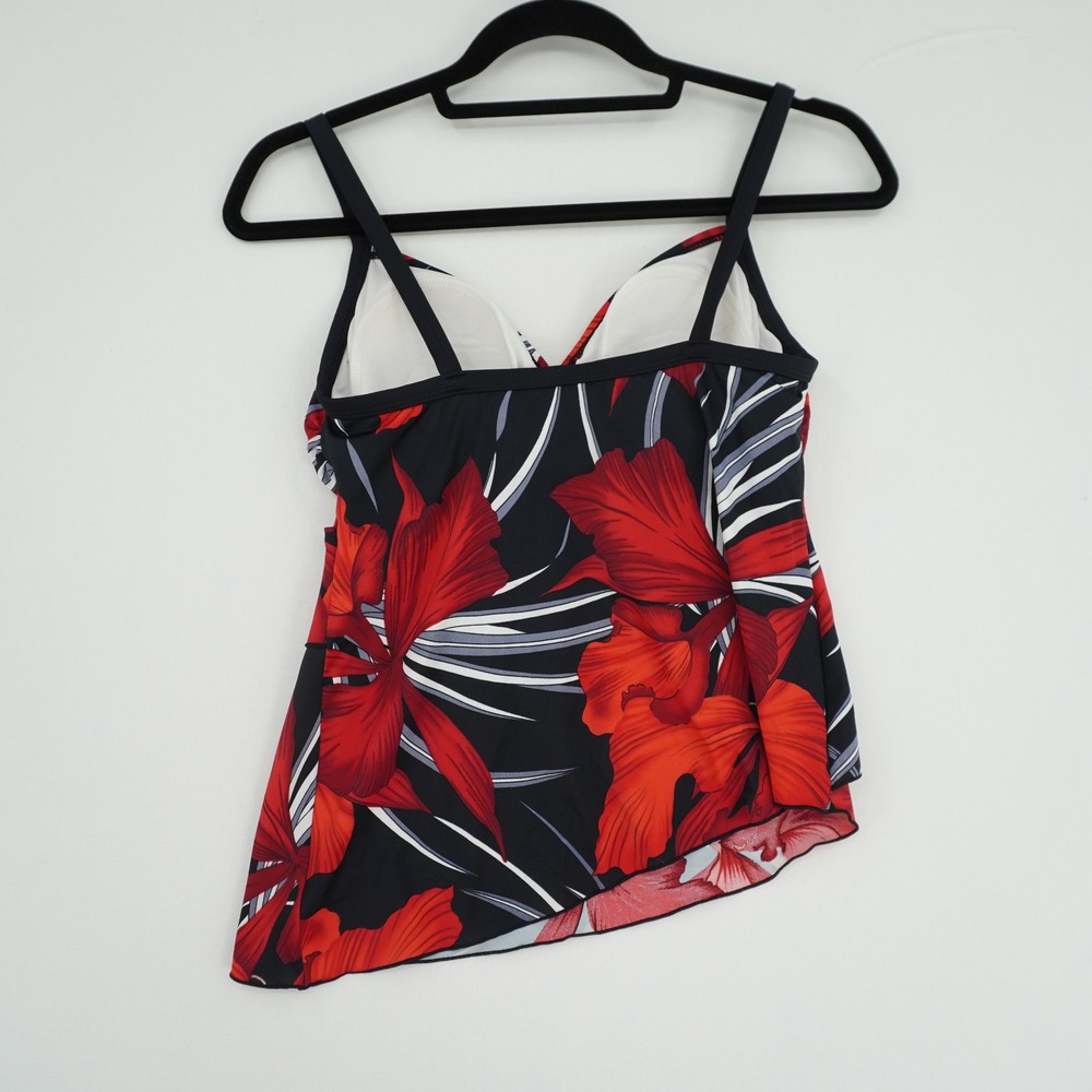 Caribbean Joe Red Tropical Floral Tankini Swim Top Asymmetrical Wrap Size 8 - Picture 2 of 8
